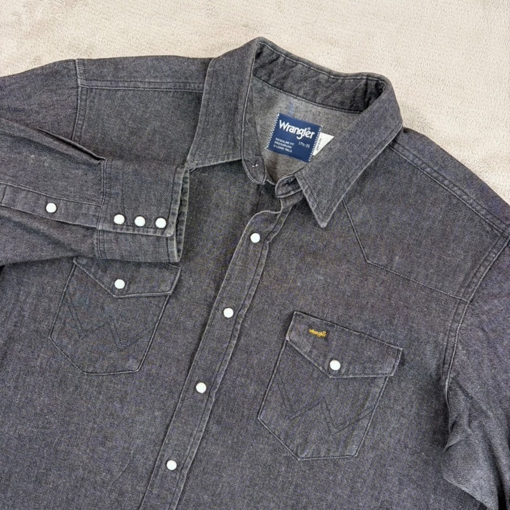 Vintage 80s Wrangler X Long Tails Pearl Snap Shirt Black Denim Men 17.5 35 NWOT